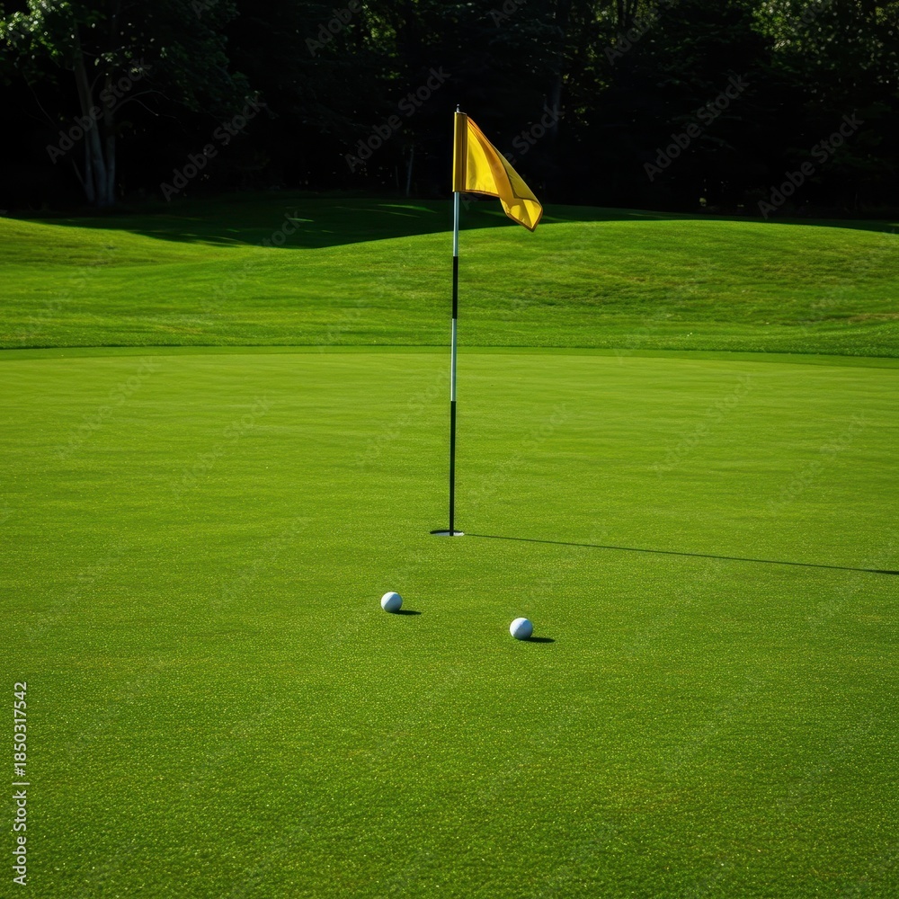 Obraz premium Lush, immaculate putting green landscape awaits the final shot. The identifiable flagstick marks the precise target location on the smooth surface ,vibrant ,smooth ,championship