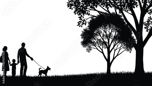 Family walking dog silhouettes in park, outdoor leisure scene, parents with child, peaceful nature lifestyle illustration design