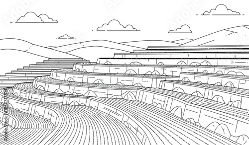 a detailed black and white line drawing depicts a terraced landscape with a winding path leading upwards towards the horizon and fluffy clouds