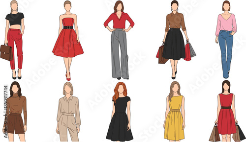 Fashion women illustration set, modern female outfits collection, casual and elegant clothing styles, flat design characters isolated