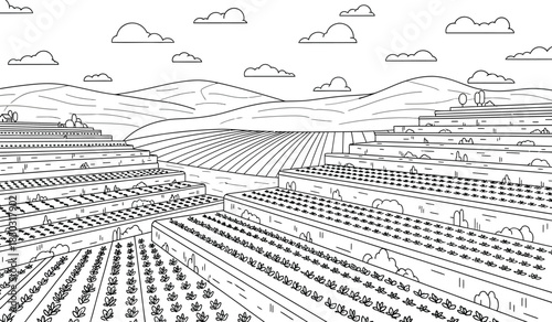 an intricate black and white line drawing depicts an ancient stepped pyramid temple complex nestled amidst terraced fields and rolling hills under cloudy skies