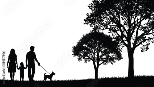 Family walking dog silhouettes in park, outdoor leisure scene, parents with child, peaceful nature lifestyle illustration isolated