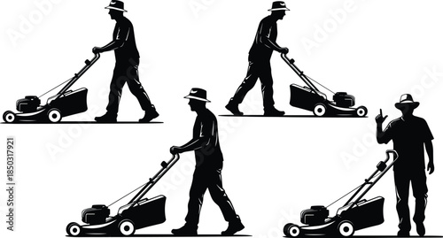 Gardener mowing lawn silhouettes, landscaping service concept, outdoor yard work, professional lawn care worker illustration design