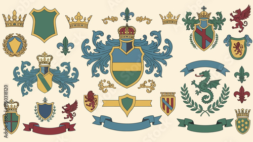 Collection of ornate heraldic coats of arms, royal crests, shields and emblems with mantling, crowns and decorative supporters.