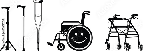 Mobility aid silhouette icons set, cane crutches wheelchair walker, disability healthcare assistance equipment, rehabilitation elderly support illustration isolated