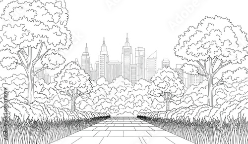 a detailed black and white illustration depicts a city skyline viewed from a park pathway lined with lush trees and foliage high quality