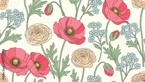 Seamless botanical pattern with red poppies, cream ranunculus, blue blossoms and green stems in a vintage floral design