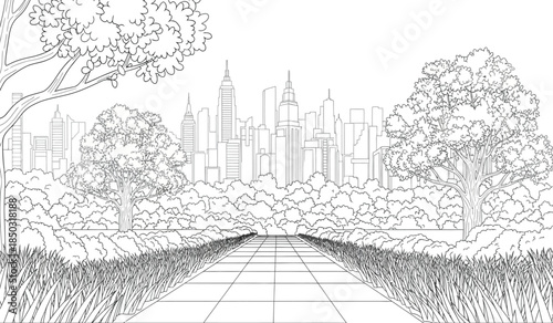 a detailed black and white illustration depicts a park pathway leading toward a bustling cityscape skyline with prominent trees framing the view