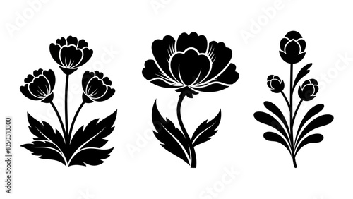 Three black floral silhouette illustrations with stylized petals and leaves for decorative botanical art, design, and craft