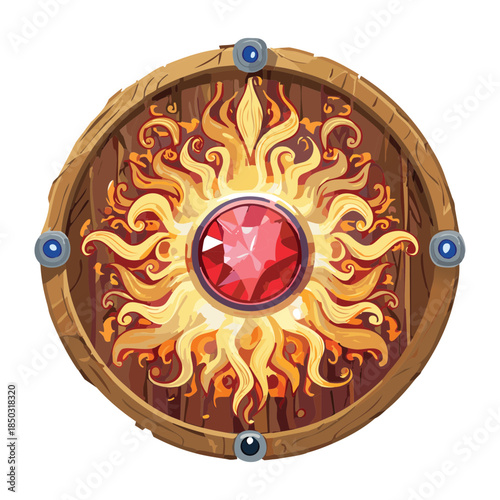 solar sun emblem with a red ruby center and golden flame rays for high level game achievements