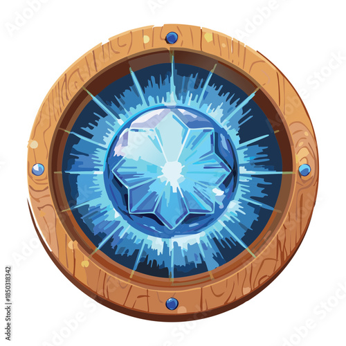 glowing blue star crystal radiating magical light rays inside a circular wooden frame for arcane power items
