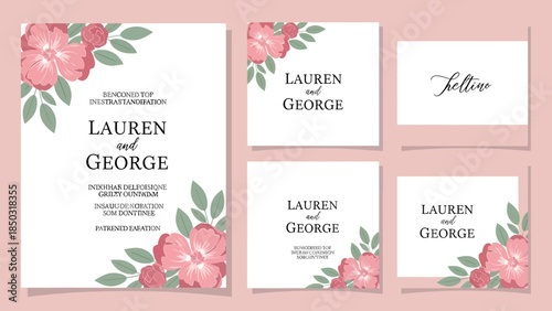 Elegant pink floral wedding invitation suite with Lauren George, featuring blush blossoms, modern typography, and refined bridal stationery.