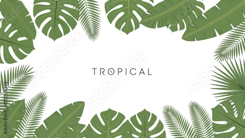 Vibrant tropical foliage frame featuring monstera and palm leaves around a clean white center