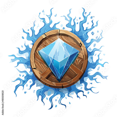 circular wooden plaque with a large blue diamond crystal and splashing water for aquatic magic items