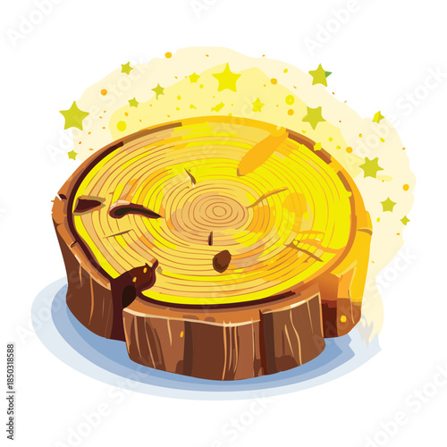 yellow glowing tree trunk slice with magical golden sparkles and stars for mystical forest game environments
