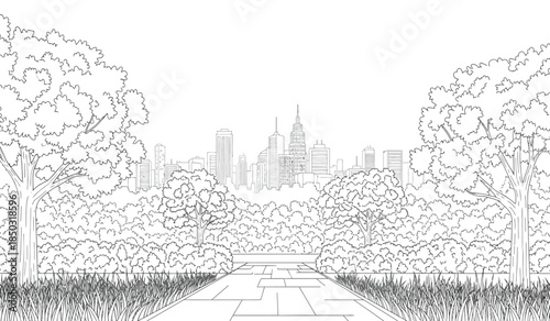 a detailed black and white illustration showcases a cityscape framed by lush trees and a winding pathway leading toward the buildings high quality