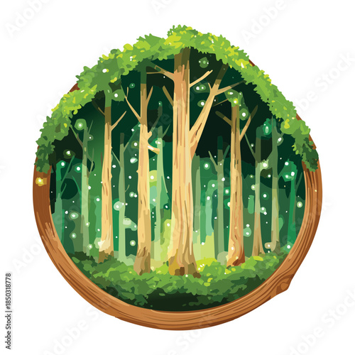 magical forest portal window surrounded by lush green foliage and mystical glowing sparkles for fantasy backgrounds