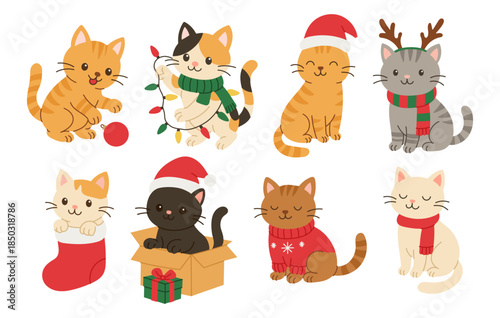 A set of cats wearing Santa hats and scarves. They are all sitting or standing in various poses, with some of them playing with a Christmas stocking