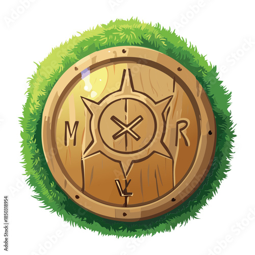 ancient wooden compass with mystical runes and central star symbol for fantasy navigation and exploration icons