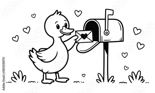 Cartoon duckling mailing a heart envelope in a mailbox