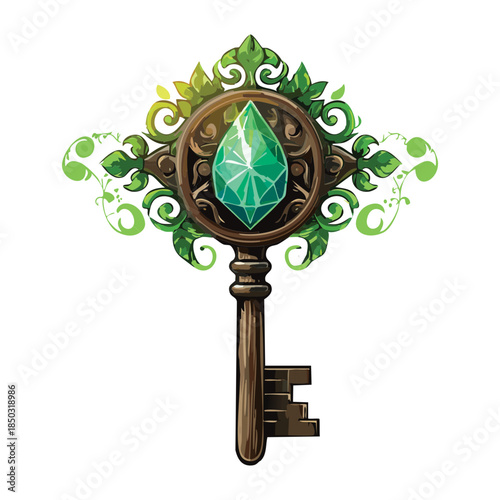 silver forest guardian key with green teardrop emerald and ornate leaf filigree for mystical woodland adventure icons