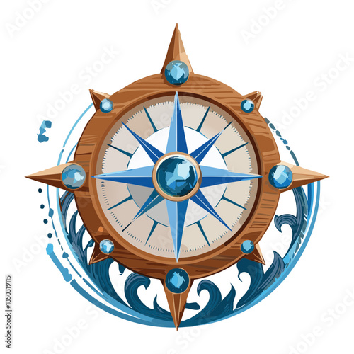 ornate nautical compass with blue sapphire gems and silver metal frame for maritime adventure and navigation icons