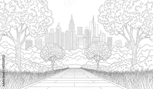 a detailed black and white illustration depicts a path leading towards a sprawling city skyline framed by lush trees and foliage creating a serene view