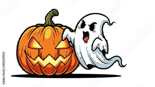 Scary and Funny Halloween Pumpkin and Ghost Faces Vector illustration.