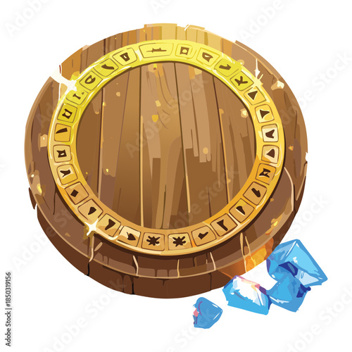 wooden circular shield with glowing gold runic border and blue ice crystals for magical defense game items