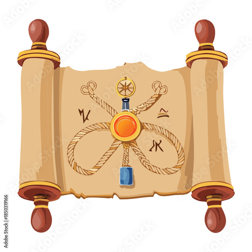 magical scroll parchment with mystical golden runes and nautical rope knots for arcane navigation and spell items