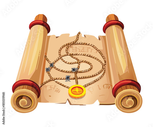 open fantasy treasure map scroll with winding rope path and golden coin marker for pirate adventure icons