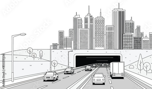 A detailed black and white illustration depicts a modern cityscape with towering skyscrapers a highway tunnel entrance and various vehicles in motion
