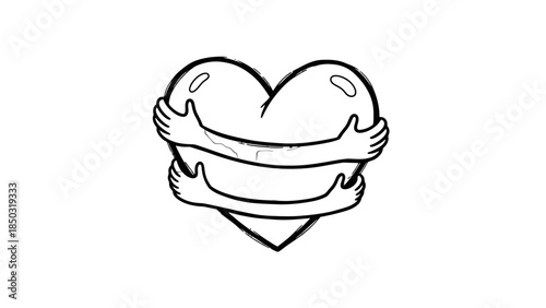 Minimalist black and white line art illustration of hands gently hugging a heart on an isolated white background.