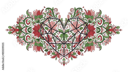 Intricate mandala-style heart shape with elaborate floral patterns in red and green on an isolated white background.