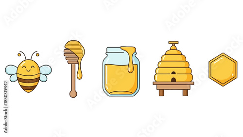 A jar of golden honey, a wooden beehive, and a hexagonal honeycomb, on an isolated white background.
