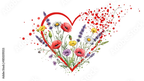 Vibrant heart shape design with colorful wildflowers and scattered red paint splashes on an isolated white background.