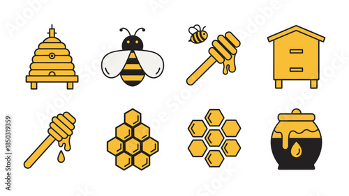 Cute cartoon honey and bee icons set including beehive, honey dipper, and honeycomb on an isolated white background.