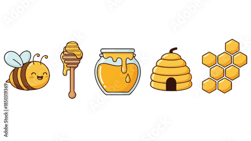 A collection of cute cartoon illustrations related to bees and honey, including a bee, a honey dipper, a jar of honey, a beehive, and a honeycomb.