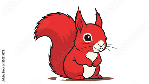 A cute cartoon red squirrel with a bushy tail sitting upright and looking forward on a white background.