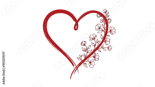 Decorative Red Heart Outline with Blooming Floral Branch Detail on Isolated White Background