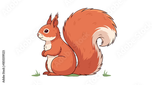 Realistic fluffy red squirrel standing on hind legs on grass, looking alert in bright studio.