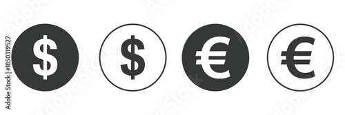 Dollar euro currency icon design with digital money symbols, banking wallet graphics, earnings coins, and fintech elements, ideal for finance applications, online payment systems, economic infographic