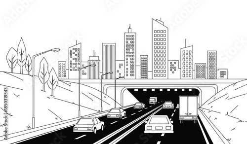 a detailed line drawing depicts a bustling cityscape with a highway tunnel showcasing cars and architectural structures high quality professional modern elegant stylish