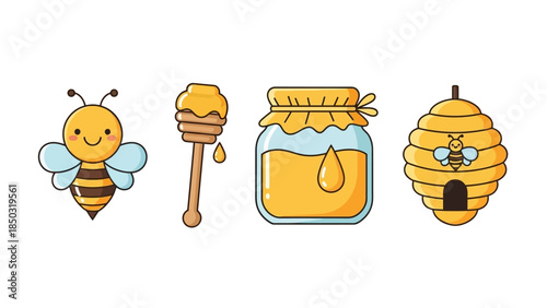 Cute cartoon bee, honey dipper, jar of honey, and beehive illustration on a white background.