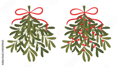 Flat vector illustration with two bouquets of mistletoe branches with red and white berries decorated with red bow on a white background. Christmas holiday decoration.