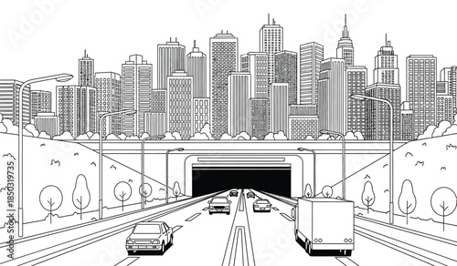a detailed line drawing depicts a highway leading directly into a dark tunnel beneath a sprawling urban cityscape with numerous skyscrapers high quality