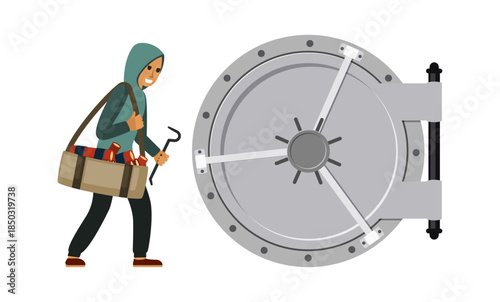 thief character. burglary cartoon concept illustration, criminal person doing atm robbery, stolen funds. vector cartoon illustration.