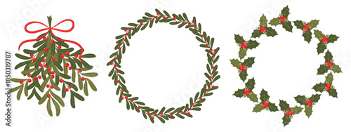 Christmas festive set: bouquet of mistletoe branches with red berries and red bow, wreath with holly berries and mistletoe branches. Flat vector illustration isolated on a white background.