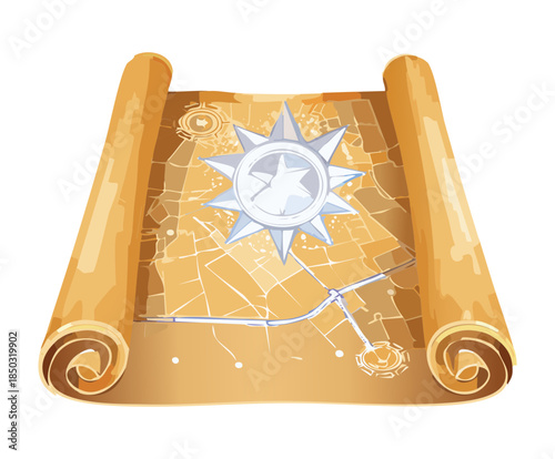 Vintage treasure map scroll with navigation compass rose and golden routes for fantasy adventure games and pirate quests Vector Illustration
