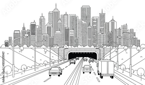 A detailed black and white line drawing depicts a bustling cityscape with a highway passing through an arched tunnel showcasing modern architecture